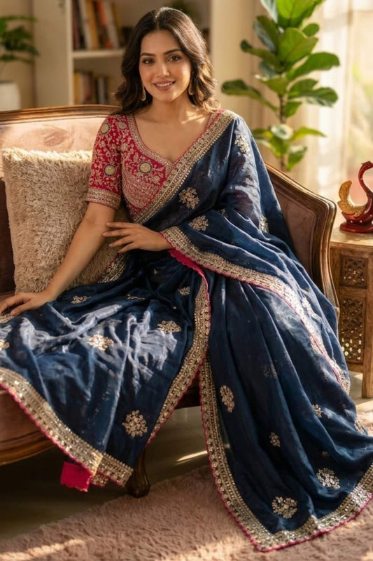 Flameboyant Navy Blue Fandy Silk Sequence Embroidery Work Saree With Stitched Blouse