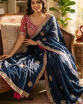 Flameboyant Navy Blue Fandy Silk Sequence Embroidery Work Saree With Stitched Blouse