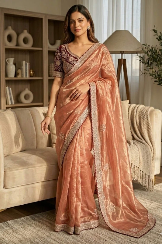 Redolent Peach Fandy Silk Sequence Embroidery Work Saree With Stitched Blouse