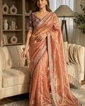 Redolent Peach Fandy Silk Sequence Embroidery Work Saree With Stitched Blouse
