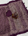 Diaphanous Purple Crape Silk Ajrakh Printed Mirror Work Saree