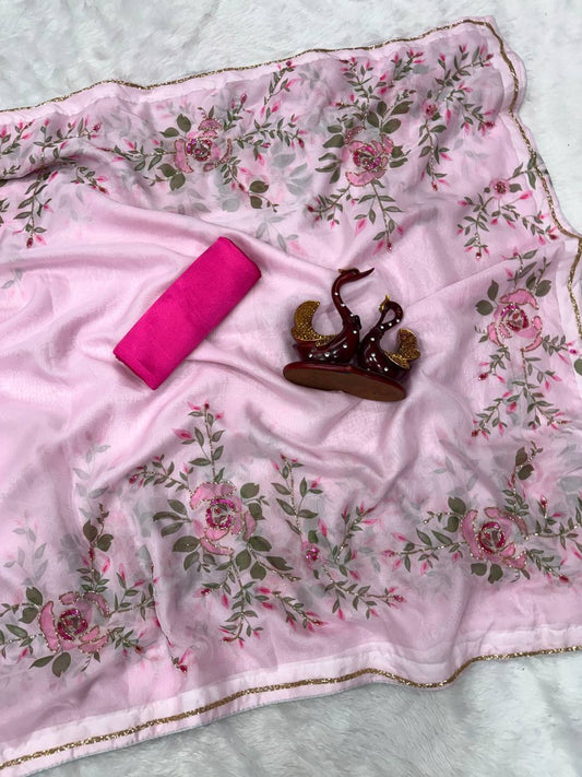 Denouement Baby Pink Organza Silk Printed Hand Work Saree