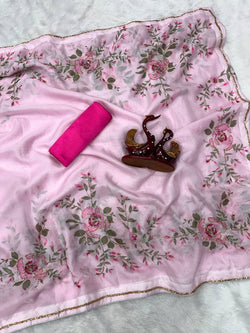 Denouement Baby Pink Organza Silk Printed Hand Work Saree