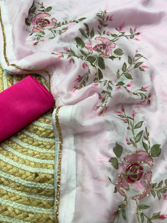 Denouement Baby Pink Organza Silk Printed Hand Work Saree