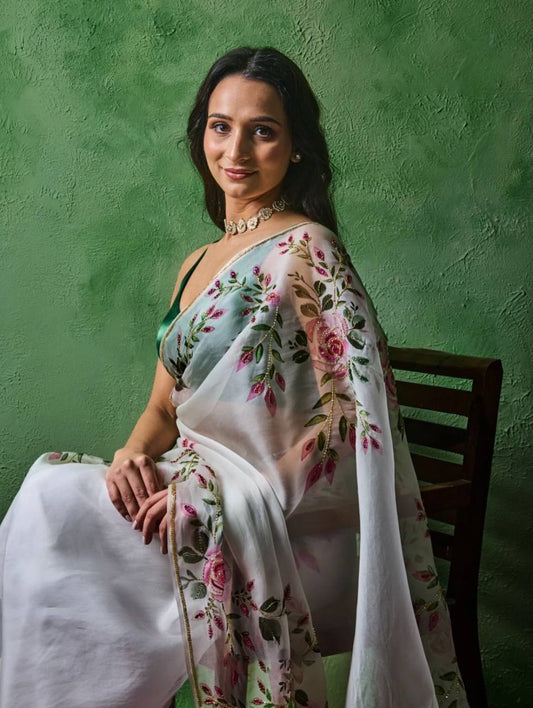 Divine Off White Organza Silk Printed Hand Work Saree