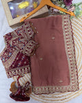 Engrossing Brown Rangoli Silk Sequence Embroidery Work Saree With Stitched Blouse