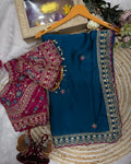 Improbable Navy Blue Rangoli Silk Sequence Embroidery Work Saree With Stitched Blouse