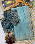 Deserving Sky Rangoli Silk Sequence Embroidery Work Saree With Stitched Blouse