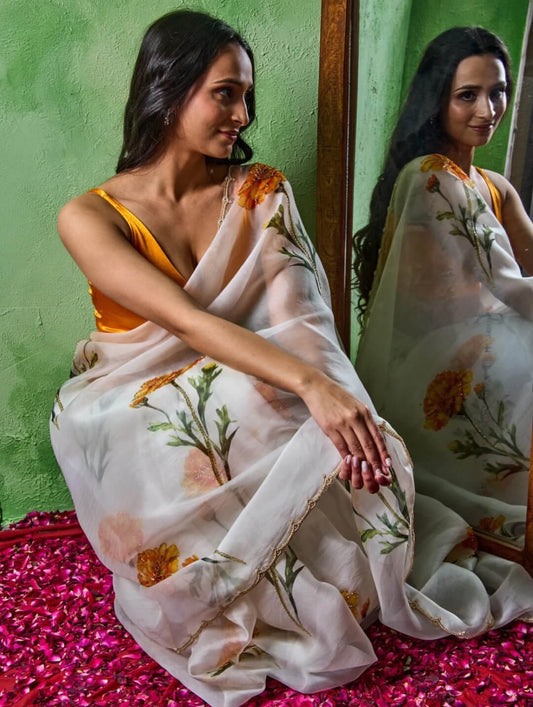 Impressive Off White Organza Silk Printed Hand Work Saree