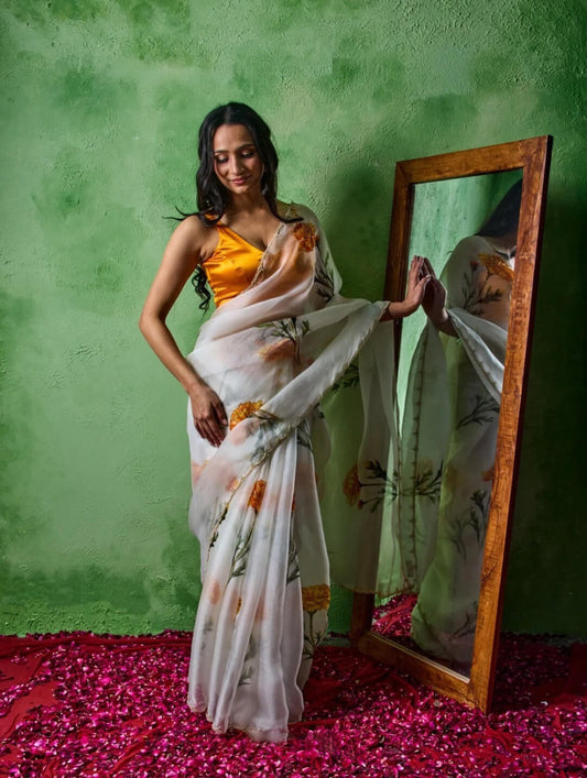 Impressive Off White Organza Silk Printed Hand Work Saree