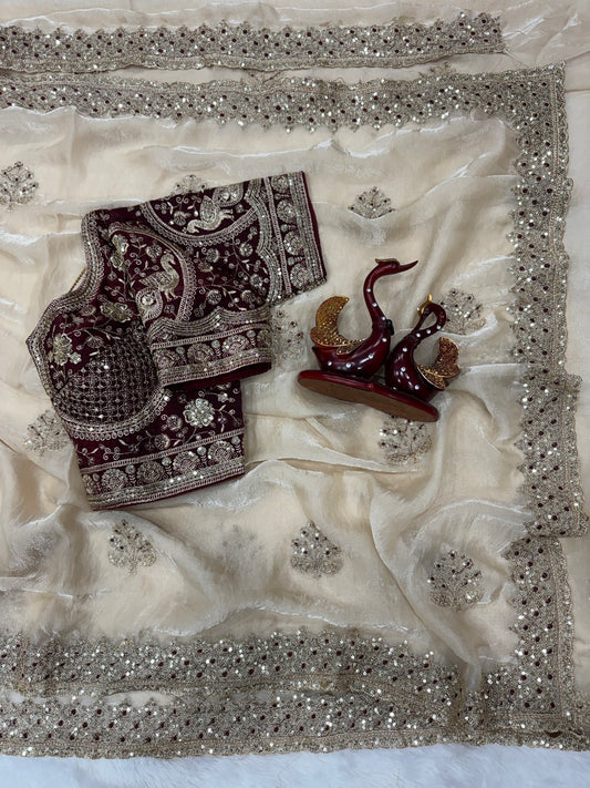 Stylish Beige Fendy Silk Sequence Embroidery Work Saree With Stitched Blouse