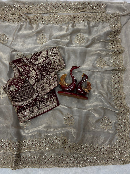 Stylish Beige Fendy Silk Sequence Embroidery Work Saree With Stitched Blouse