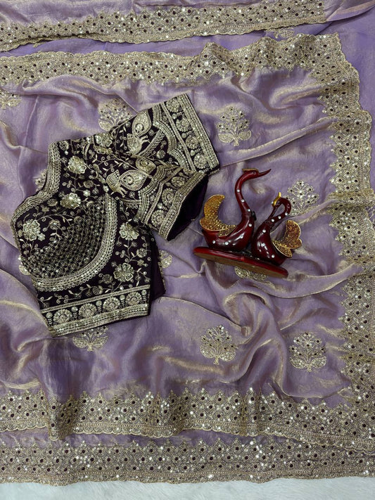Lagniappe Lavender Fendy Silk Sequence Embroidery Work Saree With Stitched Blouse