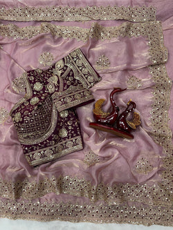 Eloquence Pink Fendy Silk Sequence Embroidery Work Saree With Stitched Blouse
