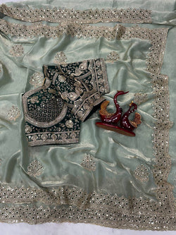 Assemblage Pista Fendy Silk Sequence Embroidery Work Saree With Stitched Blouse