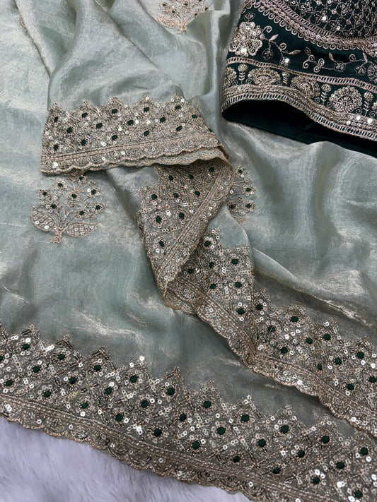 Assemblage Pista Fendy Silk Sequence Embroidery Work Saree With Stitched Blouse