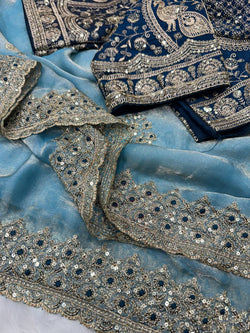 Invaluable Sky Fendy Silk Sequence Embroidery Work Saree With Stitched Blouse