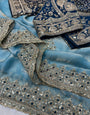 Invaluable Sky Fendy Silk Sequence Embroidery Work Saree With Stitched Blouse