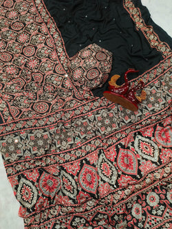 Wonderful Black Crape Silk Ajrakh Printed Mirror Work Saree