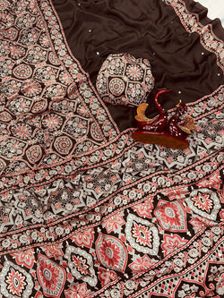 Evocative Brown Crape Silk Ajrakh Printed Mirror Work Saree