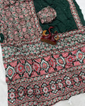Arresting Dark Green Crape Silk Ajrakh Printed Mirror Work Saree