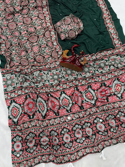 Arresting Dark Green Crape Silk Ajrakh Printed Mirror Work Saree