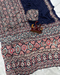 Woebegone Navy Blue Crape Silk Ajrakh Printed Mirror Work Saree
