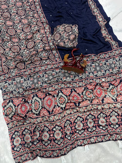 Woebegone Navy Blue Crape Silk Ajrakh Printed Mirror Work Saree