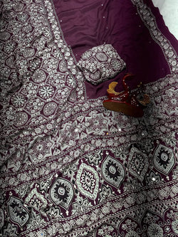 Serendipity Purple Crape Silk Ajrakh Printed Mirror Work Saree
