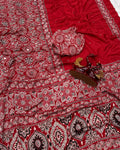 Incomparable Red Crape Silk Ajrakh Printed Mirror Work Saree