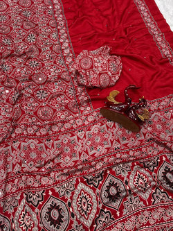 Incomparable Red Crape Silk Ajrakh Printed Mirror Work Saree