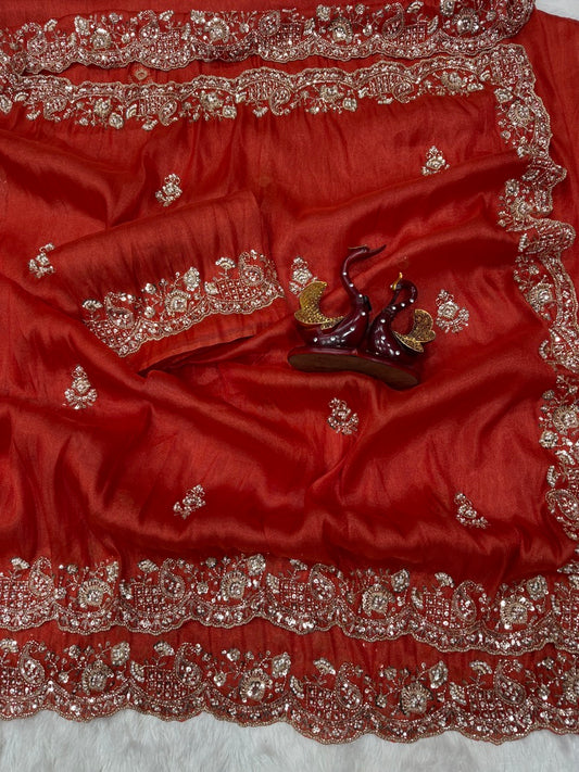 Girlish Red Pure Soft Tissue Silk Embroidery Work Saree