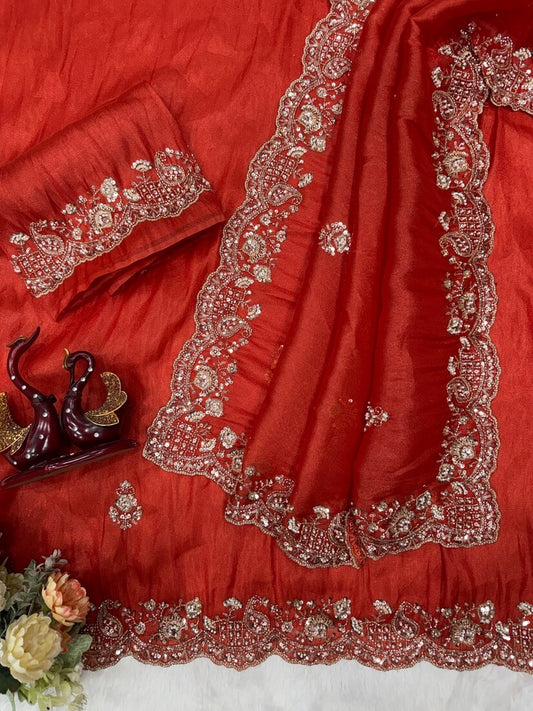 Girlish Red Pure Soft Tissue Silk Embroidery Work Saree