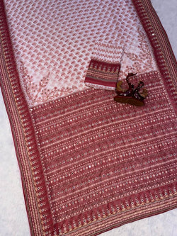 Epiphany Beige Georgette Silk Printed Embroidery Mirror Work Saree