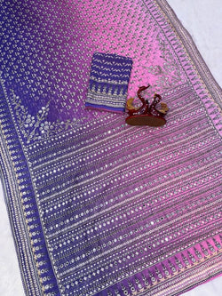 Flamboyant Blue and Pink Georgette Silk Printed Embroidery Mirror Work Saree