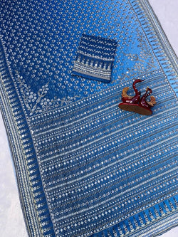 Sempiternal Blue and Sky Georgette Silk Printed Embroidery Mirror Work Saree