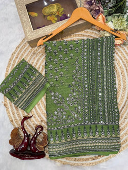 Forbearance Green Georgette Silk Printed Embroidery Mirror Work Saree