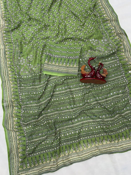 Forbearance Green Georgette Silk Printed Embroidery Mirror Work Saree