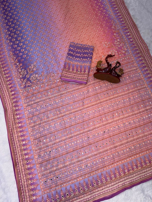 Splendorous Multicolor Georgette Silk Printed Embroidery Mirror Work Saree