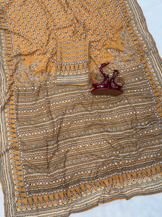 Forbearance Mustard Georgette Silk Printed Embroidery Mirror Work Saree