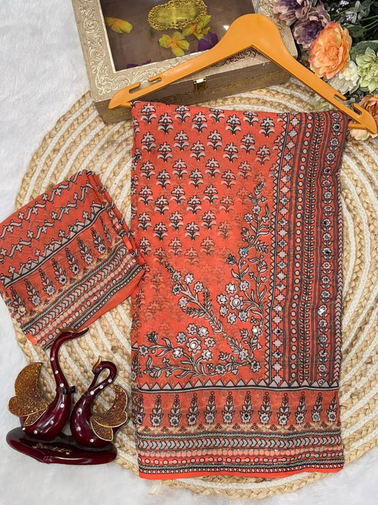 Forbearance Orange Georgette Silk Printed Embroidery Mirror Work Saree