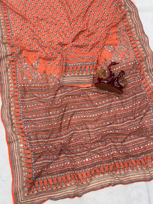 Forbearance Orange Georgette Silk Printed Embroidery Mirror Work Saree