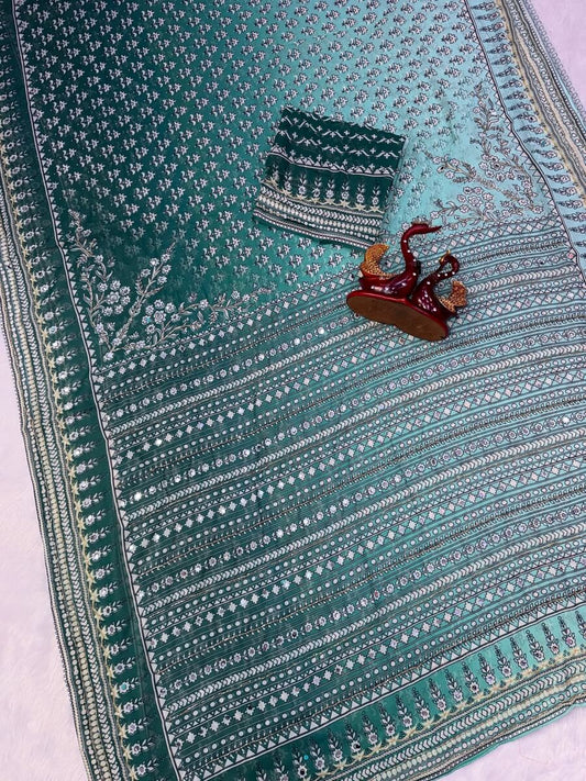 Supernal Rama Georgette Silk Printed Embroidery Mirror Work Saree