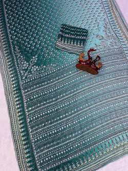 Supernal Rama Georgette Silk Printed Embroidery Mirror Work Saree