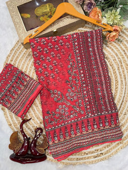 Forbearance Red Georgette Silk Printed Embroidery Mirror Work Saree