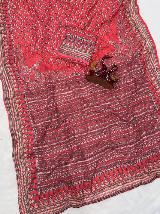 Forbearance Red Georgette Silk Printed Embroidery Mirror Work Saree