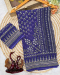 Forbearance Royal Blue Georgette Silk Printed Embroidery Mirror Work Saree