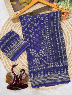 Forbearance Royal Blue Georgette Silk Printed Embroidery Mirror Work Saree