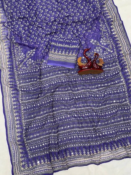 Forbearance Royal Blue Georgette Silk Printed Embroidery Mirror Work Saree