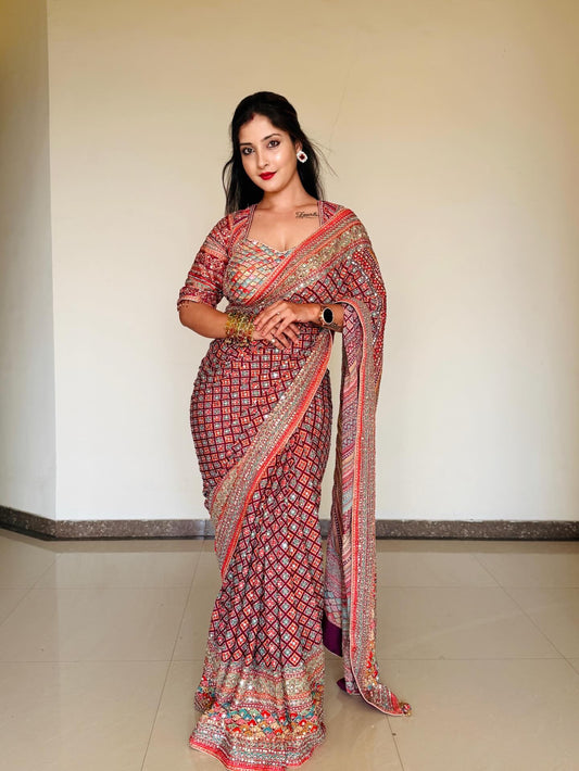 Tantalizing Multicolor Chinon Silk Printed Mirror Work Saree